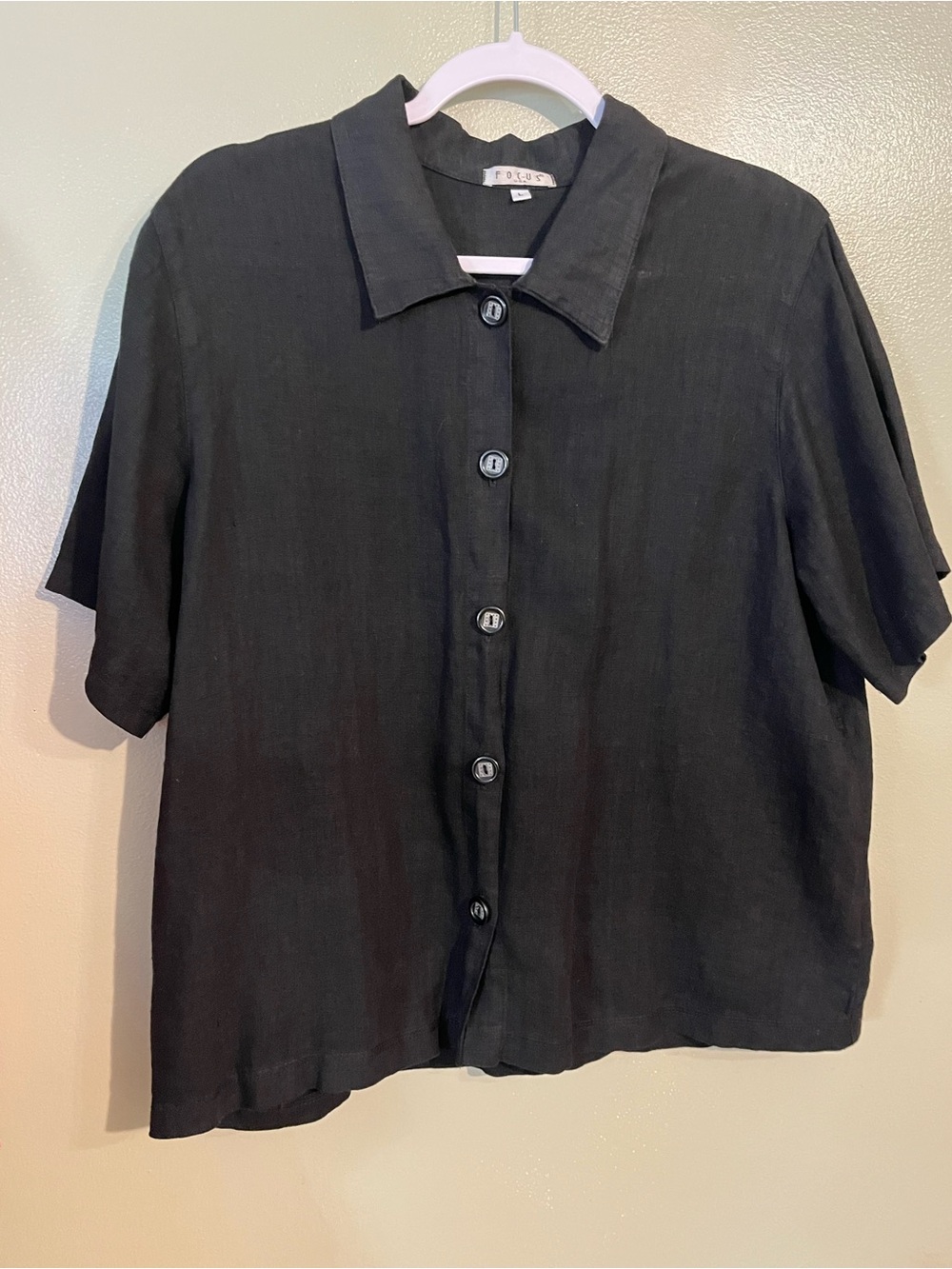 Focus Black Short-Sleeve Button-Up Shirt Womens Linen M
